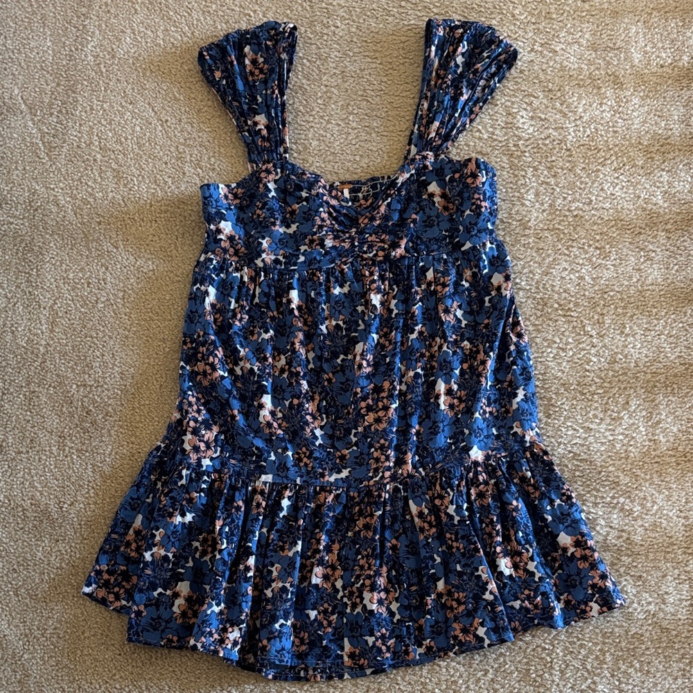Free People Women’s Blue and Orange Floral Tank Mini Dress - Size M